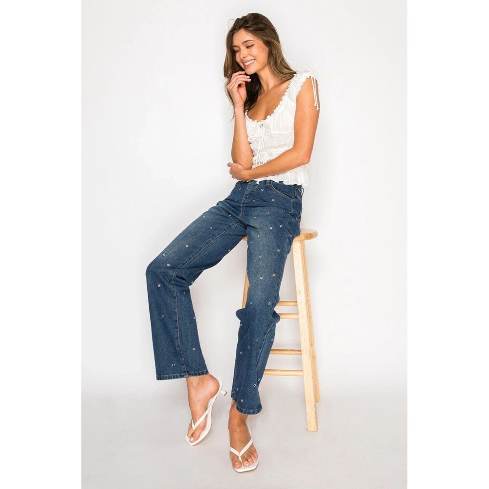 Cali 1850 Grommet Embellished Wide Leg Jeans Size 32